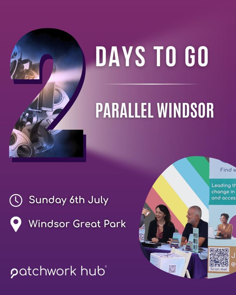 Purple/pink gradient background. Title text reads ‘2 days to go. Parallel Windsor’. Next to a clock and location symbol, text reads ‘Sunday 6th July. Windsor Great Park’. 