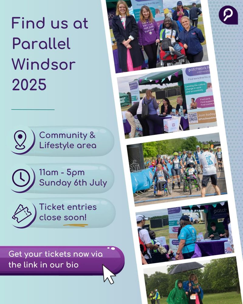Find us at Parallel Windsor 2025. Text reads ‘Community & Lifestyle area. 11 am - 5 pm on Sunday 6th July. Ticket entries close soon!’ 5 images from Parallel Windsor stretch from top to bottom. 
