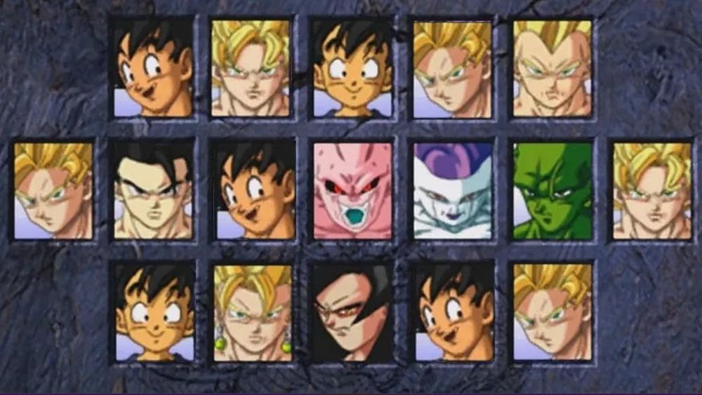 Dragon Ball GT: Final Bout character select screen, except even more characters are Son Goku (as a joke!). I left Super Vegetto, Ultimate Son Gohan, Vegeta, Boo, Freeza, and Piccolo in the roster.