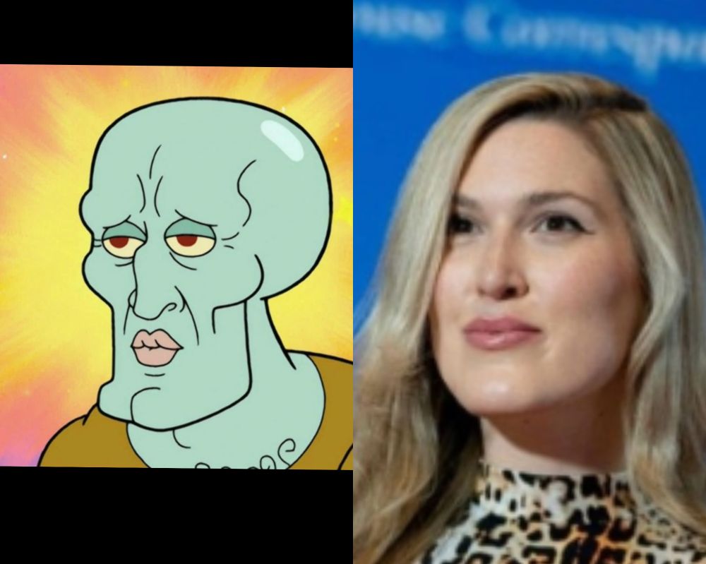 on the left is Handsome Squidward from SpongeBob, a green bald octopus with a big chin, unrealistically big lips, unnaturally high cheek bones, and a surgically altered nose 

on the right is the same octopus but with Caucasian skin and long blonde hair