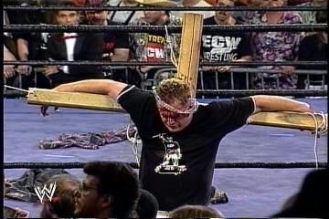 Wrestler sandman crucified at an ECW show