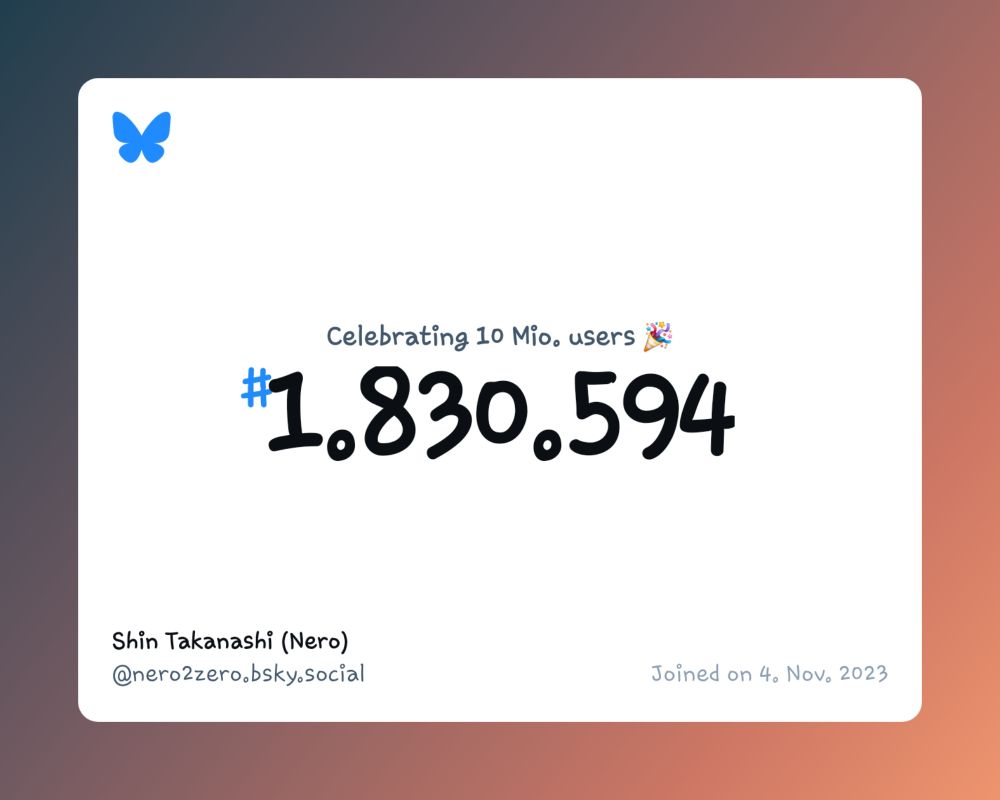 A virtual certificate with text "Celebrating 10M users on Bluesky, #1.830.594, Shin Takanashi (Nero) ‪@nero2zero.bsky.social‬, joined on 4. Nov. 2023"