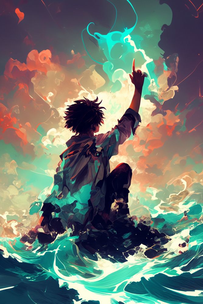 このイラストの内容を文章で説明します。


---

情景と雰囲気
荒れた海の上、小さな岩の上に一人の少年が膝をついて座っています。空には激しい色彩が広がり、青や緑、オレンジが渦巻くように混ざり合い、まるで爆発する魔法のエネルギーのような光景が描かれています。波は荒々しく、白い泡を立てながら岩にぶつかり、まるで少年の周囲を囲むかのように水しぶきが舞い上がっています。全体的にダイナミックで幻想的な雰囲気が強調されています。

少年の姿
少年は破れたようなシャツを羽織り、黒っぽいズボンを履いています。黒い髪は無造作に乱れ、背中を向けているため表情は見えませんが、彼の仕草から強い意志を感じさせます。片膝を立て、片手で岩を支えながら、もう片方の手は天に向かって突き出されています。

魔法のエネルギー
少年の指先から、鮮やかな青緑色の光が渦を巻きながら天に昇っています。その光は煙のようにたなびきながらも、稲妻のように鋭い輝きを放っています。周囲の空気が熱を帯びているかのように、背景の色彩も赤やオレンジが入り混じり、まるで魔法の力が空間をねじ曲げているかのようです。

自然と魔法の融合
少年の周囲には自然の力と魔法のエネルギーが融合したような激しい動きが感じられます。波が荒れ狂い、光が爆発し、風が渦巻く様子が描かれ、まるで少年が自然の力を操っているかのようです。岩に打ち付ける波と魔法の光が交差し、幻想的で迫力のあるシーンが作り上げられています。


---

このイラストは、少年が強大な魔法の力を解放しようとしている瞬間を捉えた、ダイナミックで力強い作品です。荒れた海と魔法のエネルギーが融合し、壮大で神秘的な雰囲気を生み出しています。


