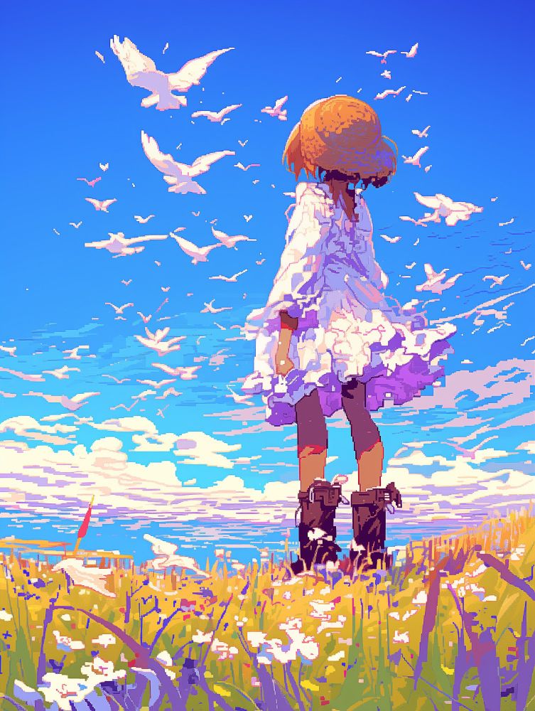 草花が咲き誇る草原に、一人の少女が立っている。彼女は麦わら帽子をかぶり、白いワンピースを着ている。風に揺れるそのワンピースは陽の光を浴びて、ところどころ紫がかった影を落としている。足元には黒いブーツを履いており、野の花々の中にしっかりと立っている。

空はどこまでも青く澄み渡り、白い雲がゆったりと漂っている。その広い空には、たくさんの白い鳥たちが自由に飛び交い、少女はその光景を見上げている。鳥たちはまるで空へと導くように舞い、風と共に軽やかに羽ばたいている。

この情景には静けさと開放感があり、どこまでも広がる自然の中で、少女が一人、風と空と鳥たちに包まれて立っている。まるで世界とひとつになったかのような、そんな穏やかな時間が流れている。