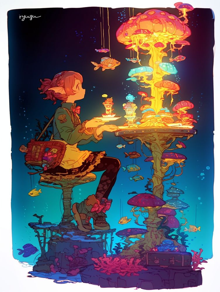 幻想的な水中をテーマにした幻想的な情景が、鮮やかな色彩のパレットの中で繰り広げられます。赤褐色の短い髪をリボンで束ねた、エルフのような少女が、サンゴの形をしたスツールに優雅に座っています。緑色のセーラー服風の制服に、リボンのブローチや、珍しい品々が詰まったリュックサックなど、ワッペンやアクセサリーが飾られており、旅人かコレクターを思わせます。

彼女は、海底から有機的にそびえ立つ、サンゴと菌類をモチーフにしたテーブルに座っています。テーブルは生物発光の色彩を放ち、その頂上には、燃えるようなオレンジ、赤、そして鮮やかな青に輝くキノコの壮大な塔が、クラゲのように上へと流れ落ちています。上からはランタンのようなクラゲや、糸で吊るされた光る魚たちがぶら下がり、夢のような雰囲気を一層引き立てています。

彼女を取り囲むのは幻想的な海中世界。大小様々な色とりどりの魚たちが泳ぎ回り、柔らかな光を放っています。彼女の足元の海底には、サンゴや海藻、そして宝箱までが点在し、まるで隠れた魔法のリーフカフェを思わせます。テーブルには、まるで水中の宝石のようにきらめく、宝石のような色合いの層で作られた、華やかなパフェやデザートが並べられています。

シーン全体から温かさと魅惑的な雰囲気が漂い、居心地の良いカフェの雰囲気と、水中に沈んだ幻想的な世界の神秘的な美しさが融合しています。