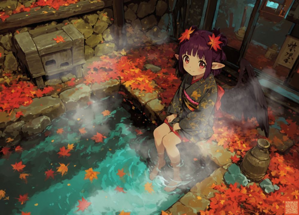 石造りの露天風呂の一角で、ひとりの妖怪の少女が温泉に足だけを浸して座っている。周囲は秋の盛りで、赤や橙に色づいた落ち葉が地面を覆い、湯面にも無数の紅葉がゆっくり漂っている。湯気は白く立ちのぼり、冷えた空気に溶けるように広がっている。

少女は小柄で、年端のいかない子どもの姿をしている。耳は人間より長く尖り、背中には黒く柔らかな羽が一対生えている。髪は濃い紫色で、その髪には紅葉を模した飾りがいくつも差され、秋景色と自然に溶け合っている。

彼女が着ているのは、落ち着いた黒地に金の模様があしらわれた和風の着物。帯は深い赤色で、後ろに結ばれた大きなリボンが愛らしさを引き立てている。座っているため着物の裾は少しだけ持ち上がり、湯に浸かった白い足が湯の揺らぎのなかで淡くぼやけて見える。

少女はほのかに笑みを浮かべ、どこか物静かで、秋の静寂を楽しんでいるような表情をしている。彼女の周りには古びた湯屋の設備があり、石垣や木製の建物が温泉地特有の温かい雰囲気を醸し出している。

全体として、秋の夕暮れに包まれる静かな温泉で、妖怪の少女がひとときの安らぎを味わっている、幻想的で温かみのある情景が描かれている。