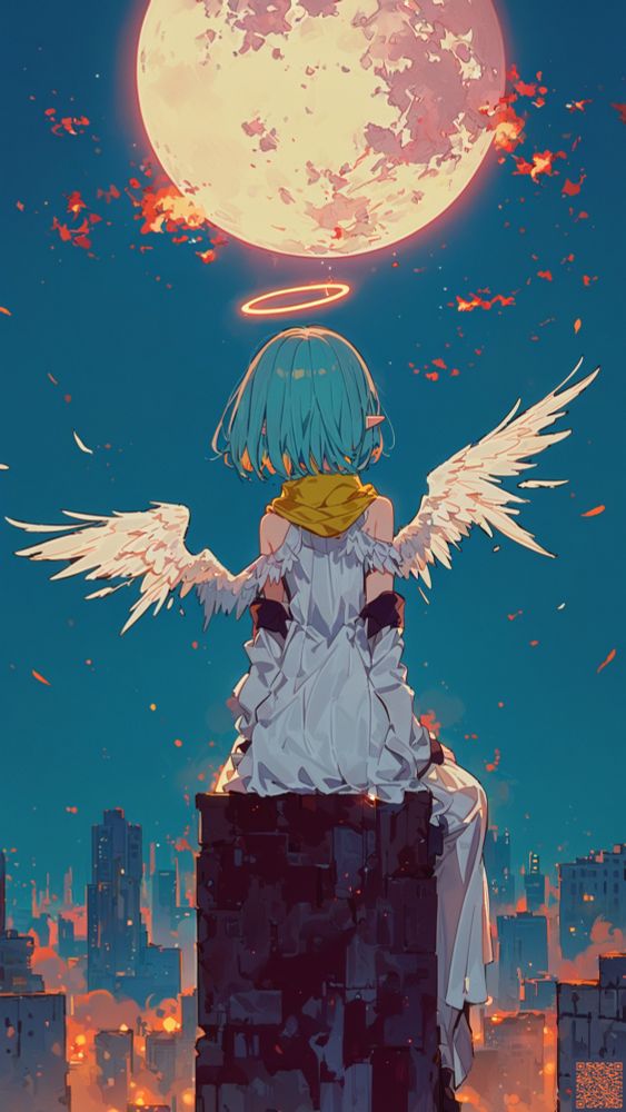 このイラストは、夜空の下、スーパームーンを背景に座る天使の少女の後ろ姿を描いています。

🎨 イラストの描写
中心の人物（天使の少女）:

少女は画面中央に座っており、後ろ姿で描かれています。

髪は鮮やかな水色のボブカットで、首元には黄色いスカーフのようなものを巻いています。

服装は白を基調としたゆったりとしたローブのようなもので、破れたようなデザインも見受けられます。

背中には大きく白い、羽ばたいているような天使の翼が生えています。翼は光を放っているようです。

頭上には**光る細い金の輪（光輪/ヘイロー）**が浮かんでいます。

背景の月と空:

画面の大部分を占める月は、巨大で、満月よりも大きく見えるスーパームーンのようです。

月の色は薄いピンクやオレンジがかった白で、表面には柔らかな陰影が見えます。

月の周囲や空には、燃えるようなオレンジや赤の小さな破片や光の粒子が舞い上がっており、幻想的でドラマチックな雰囲気を醸し出しています。

空の色は深い青で、夜であることを示しています。

前景と足元:

少女は茶色く、角ばった石のような台座に腰掛けています。

その足元、遠景にはオレンジ色に光る無数の灯りを持つ都市のビル群が広がっており、地上を見下ろす高い場所にいることがわかります。都市の光は、空のオレンジ色の光と呼応しているようです。

🌟 全体的な印象
**「終末感のある、あるいは幻想的な夜の都市」という舞台設定と、「静かに座り、月を見上げる天使」**の対比が印象的です。大きな月と舞い上がる炎のような光が、非日常的で詩的なムードを強調しています。
