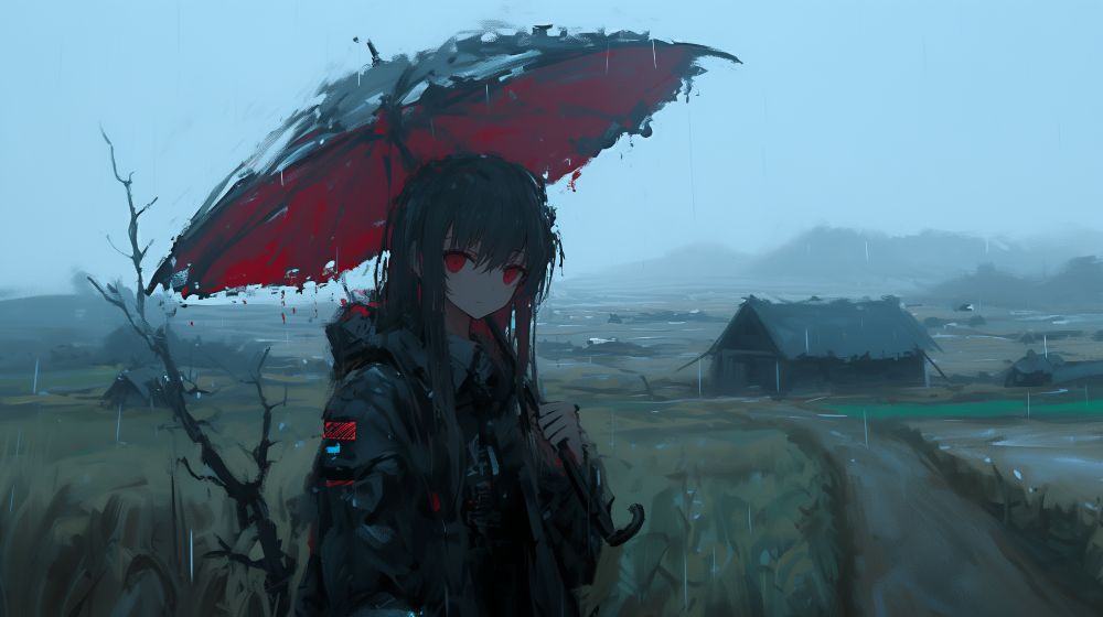 灰色がかった空の下、しとしとと雨が降り続く田舎道を、一人の少女が歩いている。風景は遠くまで開け、濡れた畑や田んぼが広がり、その奥には黒ずんだ木造の家屋がいくつか点在している。道はぬかるみ、雨粒が水たまりの表面に小さな輪を作っては消えていく。

少女は黒いレインコートのような厚手の上着を羽織り、肩まで届く長い髪は雨に濡れてしっとりと張りついている。その手には大きな傘があり、内側は鮮やかな赤色で、雨水が端から滴り落ちている。その赤は、薄暗く冷たい景色の中で唯一鮮やかな色彩として浮かび上がり、少女の存在を際立たせていた。

彼女の足元には、雨に濡れた草が風に揺れ、近くには葉を失った細い木が立っている。遠くの山並みは霧に覆われ、輪郭がぼやけている。全体を包むのは、雨音と土の匂い、そしてひんやりとした空気。少女は何かを探すようにも、ただ歩き続けるようにも見え、その背後には広大で静かな雨の風景が広がっている。

