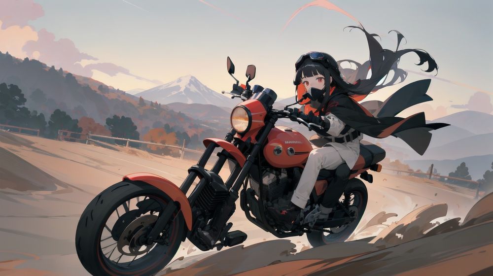AIイラスト
このイラストは、オレンジ色の燃料タンクと黒いシートを持つクラシックなデザインのオートバイに乗っている人物を描いています。ライダーは全身を覆うプロテクティブギアを着用しており、手袋やブーツも装備しています。顔全体を覆うヘルメットをかぶっており、特徴は見えません。ライダーの髪は長く黒く、風に吹かれて後ろに流れています。

背景には、遠くに山々が見え、空は淡い青色で、白い雲が散在しています。前景には、砂漠や草原のような広がりのある風景が広がっており、まばらな植生が見られます。

このイラストは、ライダーが前傾姿勢でオートバイに乗っている様子や、風に吹かれる髪の動きから、自由と冒険の感覚を伝えています。
