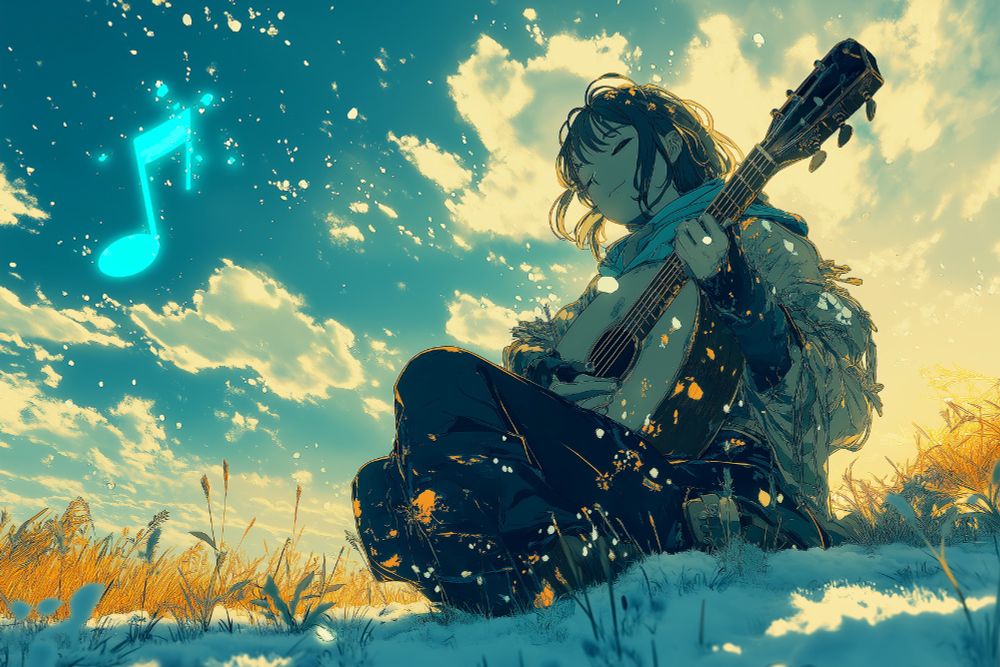 冬の初雪が舞う黄金色の野原に、静謐な情景が広がっています。手前には、若い女性が地面に静かに座り、足を組んでリュートを優しくかき鳴らしています。彼女の長く乱れた髪はそよ風になびき、夕日の柔らかな光を捉えています。彼女は羽根や毛皮で飾られた、温かみのある重ね着のコートを羽織り、周囲の自然の風合いに溶け込んでいます。

上空は鮮やかな深い青緑色で、地平線に近づくにつれて柔らかな黄色へと移り変わり、雲の斑点が太陽の光を受けて温かく輝いています。雪の結晶が優しく舞い落ち、その一部は光を捉え、彼女の周囲に魔法のようなきらめきを放っています。

彼女の頭上には、きらめくエネルギーに包まれた大きな青い音符が浮かび、彼女の楽器から世界へと流れ出る旋律を象徴しています。静謐で、まるで夢のような雰囲気。背景には背の高い草が優しく揺れ、雪に覆われた大地が静寂のひとときを添えています。

全体的な雰囲気は、平和と孤独、そして自然と音楽との静かな繋がりを感じさせます。