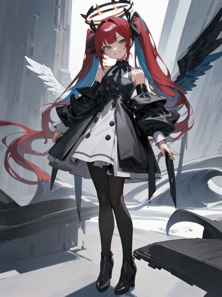 AIによって描かれたイラスト
この画像は、アニメやマンガのイラストによく見られるスタイルのキャラクターを描いています。以下に詳細な説明を提供します。

キャラクターの外見:
長い髪は黒色をベースに赤いハイライトが入っており、ツインテールに結ばれています。頭には赤と白の角のような髪飾りがあります。
衣装は黒と白の組み合わせで、パフスリーブのドレスにフリルのあるレイヤーがあり、ゴシックでエレガントな雰囲気を醸し出しています。
羽は機械的またはロボティックな印象で、大きく、白を基調として青とグレーのトーンが混ざっていて、金属の要素を示唆しています。
背景:
抽象的で建築的な背景は、灰色と青のトーンで構成されており、柱や壁のような垂直の構造物があります。屋内または都市の環境内にある可能性があります。
