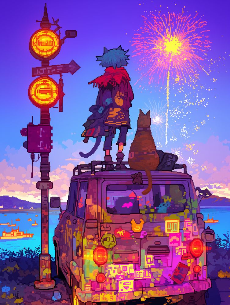 これは夜空に咲く花火を眺めている、一人のキャラクターと一匹の猫を描いたピクセルアートのイラストである。

海沿いの高台に止まった古びた車の屋根の上に、ひとりのキャラクターと一匹の猫が並んで座っている。夕焼けが沈みきり、空が夜の青紫に染まり始める頃、遠くの空に大きな花火が弾けた。金色と朱色が混ざった眩い光が、夜空に大きな花を咲かせ、周囲の雲や海面をやわらかく照らしている。空気は少しひんやりとしていて、火薬の匂いがほんのかすかに風に乗って流れてくる。

キャラクターは猫耳のような髪型をした少年で、ボロボロの赤いマントを羽織り、風になびかせながら静かに夜空を見つめている。背中には古びたリュック、足元には小さな荷物。隣に座る猫は茶色い毛並みで、まっすぐに空を見上げている。その後ろ姿はまるで人のように真剣で、ふたりの間に交わされる言葉はないが、共有された時間がしっかりとそこにある。

車は色とりどりのステッカーや落書きで覆われており、使い込まれた様子が旅の長さを物語っている。テールランプの赤い光がぼんやりと灯り、車体には遠くの花火の光が反射して、虹のような色彩をまとっている。車の周囲には数隻の小さな船が、青く静かな海にぽつぽつと浮かび、沖の方には島影がかすんで見える。

イラストの左側には、信号機のような電柱が立っている。この電柱は錆びついており、複数の標識やランプがぶら下がっている。上部には「通行止め」のような赤い丸い標識が、その下には矢印のついた標識がついている。

すべてが止まったようなその一瞬。ざわめきも喧騒もない、ただ花火の音と静かな風だけが、ふたりと一匹を包んでいる。旅の途中で立ち寄った、ある夏の夜の忘れがたい光景だ。

全体的に、このイラストはピクセルアート特有の粗いドットで構成されているが、光の表現や色のグラデーションが美しく、感情豊かな情景を描き出している。