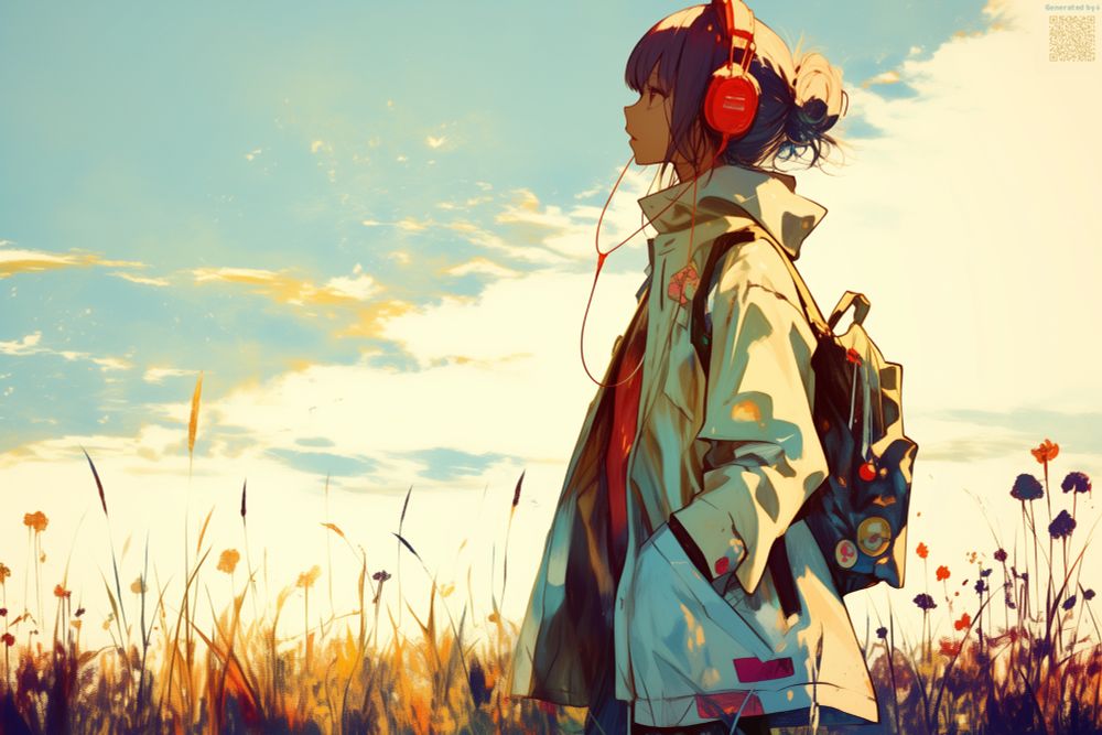 澄んだ秋の空の下、ひとりの女性がゆったりと歩いている情景が描かれています。空は淡い水色を基調に、ところどころに柔らかな金色や白の雲が浮かび、季節の深まりを感じさせる清涼な広がりを見せています。 女性は大きめのフード付きの薄い色のコートを羽織り、両手をポケットに入れて歩いています。髪は後ろでまとめられており、その耳には鮮やかな赤いヘッドホンがかけられています。コードは胸元を通り、彼女の歩みに合わせて軽く揺れています。背中には黒いリュックを背負い、そこにはバッジのような小物がいくつか付けられており、彼女の個性をさりげなく表しています。 周囲には背の高い草や秋の花々が咲き乱れており、黄や橙、そして少し紫がかった花が、風に揺れながら彩りを添えています。女性は顔を少し上げ、遠くを見つめるような姿勢で歩いており、その横顔からは静かな余韻と内面の想いが感じられます。 全体として、季節の澄んだ空気と音楽に包まれながら歩くひとりの時間が、詩的で落ち着いた雰囲気の中に描き出されています。 