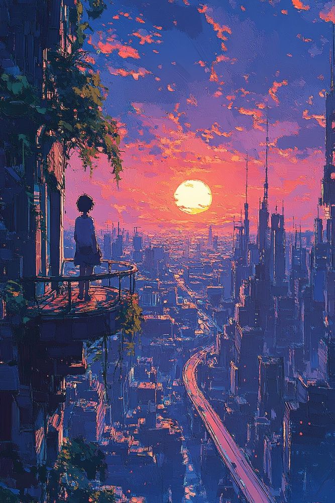 広大な未来都市を見下ろす、湾曲した小さなバルコニーに、一人の人物が立っています。輝く夕焼けを背景に、人物のシルエットが浮かび上がり、短い髪と学生服が温かな光に優しく照らされています。背後には、草木に覆われた高層ビルがそびえ立ち、地平線に向かってきらめく高層ビルのジャングルが果てしなく続いています。

空は、深い紫、燃えるようなオレンジ、そして柔らかなピンクが織りなす壮大な色彩に、散りばめられた雲が彩っています。中央では、太陽が低く輝き、街並みに黄金色の軌跡を描いています。眼下には、曲がりくねった光り輝く道が光の川のように大都市を貫き、視線を都市の奥深くへと導きます。

静かで思索的な雰囲気。自然と未来、孤独と壮大さの間に挟まれた、心を揺さぶる瞬間です。