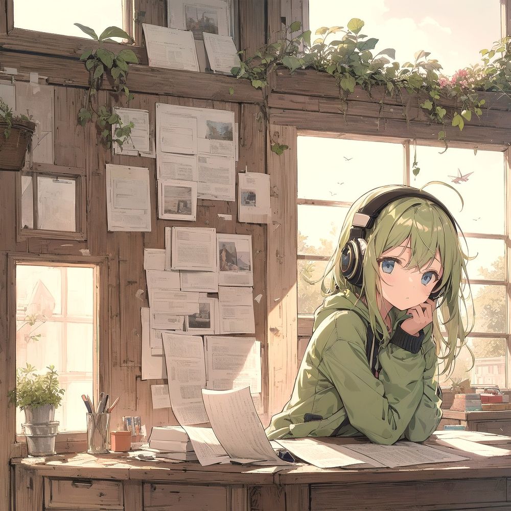 日当たりの良い、高い窓辺に緑の植物が垂れ下がった居心地の良い部屋で、少女が木製の机に座り、散らばった書類や開いた本に囲まれています。午後の暖かい光がガラス越しに差し込み、柔らかな影と金色の輝きを空間に落としています。彼女の背後の壁は木で、きちんとピンで留められた書類、ページ、写真で覆われており、まるで個人の書斎、あるいは創作活動の場のような印象を与えています。

少女は長く明るい緑色の髪と印象的な青い目をしています。大きな黒いヘッドフォンと緑のパーカーを着て、顎を手に乗せ、少し横を見つめながら考え込むようなポーズをしています。表情は穏やかで、少し夢見心地かもしれません。小さな鉢植えの植物や、ペンや鉛筆が置かれたカップが、机の居心地の良い、生活感のある雰囲気を醸し出しています。

窓の外では、鳥や飛行機が柔らかな空を滑空し、静寂な風景に柔らかな動きを添えています。イラスト全体を通して、静かな集中感と自然の美しさが融合し、まるで静かな思索や学習のひとときを捉えているかのようです。