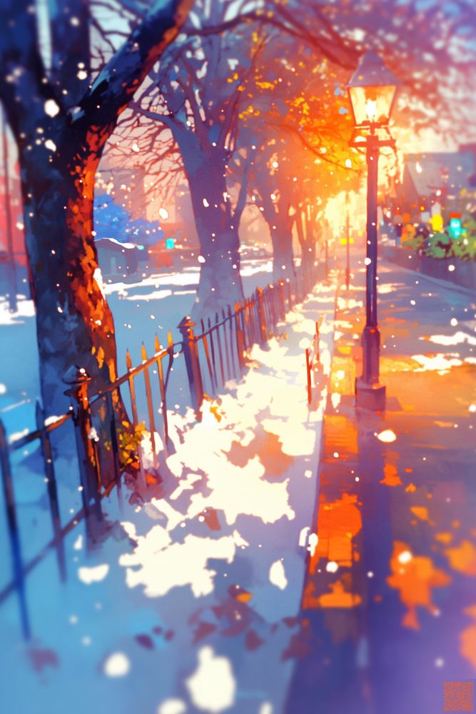 イラストは、静かな雪の日の街路を描いています。道の片側には、黒い鉄製の柵がまっすぐ伸び、その向こうには大きな並木が続いています。木々は葉を落とし、冬の冷たい空気の中で枝だけになっていますが、太い幹が雪をかぶりながら堂々と立ち並んでいます。

空からは細かな雪が舞い落ちており、風に揺れるように道の上へふわふわと降り続いています。地面にはすでに雪が積もっていますが、完全に真っ白というわけではありません。雪の上には木漏れ日のような光が当たり、白い雪がオレンジ色や淡い紫色に染まりながら輝いています。

街灯がひとつ立っており、そのガラスの中で灯りがあたたかく光っています。夕暮れ時か、あるいは朝焼けの時間帯のように、光は柔らかく黄みを帯び、奥の方から差し込んで街並みを淡い黄金色で照らしています。そのため、雪の白さと光の色がまじり合い、冷たさの中に不思議な温もりを感じるような雰囲気が漂っています。

道の反対側には家々や建物が遠くに見えますが、細かな形は柔らかくぼかされ、光の粒が少しずつ瞬くように描かれています。全体として、冬の静けさと光の温かさが調和した、暖かくも切ないような冬の風景が広がっています。