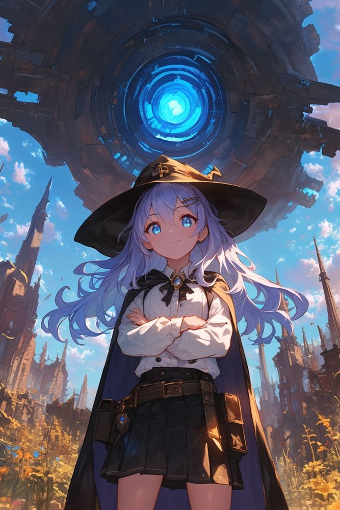 幻想的な風景の中に、若い少女が腕を組み、穏やかで知的な笑みを浮かべ、自信に満ちた表情で立っています。長く銀青色の髪がそよ風になびき、澄み切った明るい空の黄金色の光を捉えています。つばの広い黒い魔女の帽子をかぶり、黒いケープを羽織り、後ろでひらひらと揺れ、冒険心を匂わせています。彼女の服装は魔法学者の優雅さと実用性を兼ね備えています。襟元にリボンのついた白いブラウス、ハイウエストの黒いスカート、そしてポーチと輝く青い宝石で飾られた丈夫なベルトです。

彼女の周りには、尖塔や廃墟となった建物がそびえ立ち、鋭くゴシックな形をしています。這う蔓に覆われ、野花が大地を柔らかな黄色と緑に染め上げています。舞台は、忘れ去られた王国と高度な魔法の領域が混ざり合ったような雰囲気だ。

彼女の頭上、空を支配するのは、巨大で神秘的な建造物――まるで浮遊するリングかポータルのようだ。その暗い金属の表面は、中心で渦巻く青いエネルギーと対照的で、催眠術のような光を放っている。それは太古の力強さを感じさせる。もしかしたら、別の時代の遺物か、あるいはこの地を見守る強大なエネルギーの源なのかもしれない。

この光景全体に、魔法と神秘が日常の一部であるかのような、不思議な感覚と静かな力強さが脈打っている。そして、この少女はこれから起こるであろうどんな出来事にも備えている。