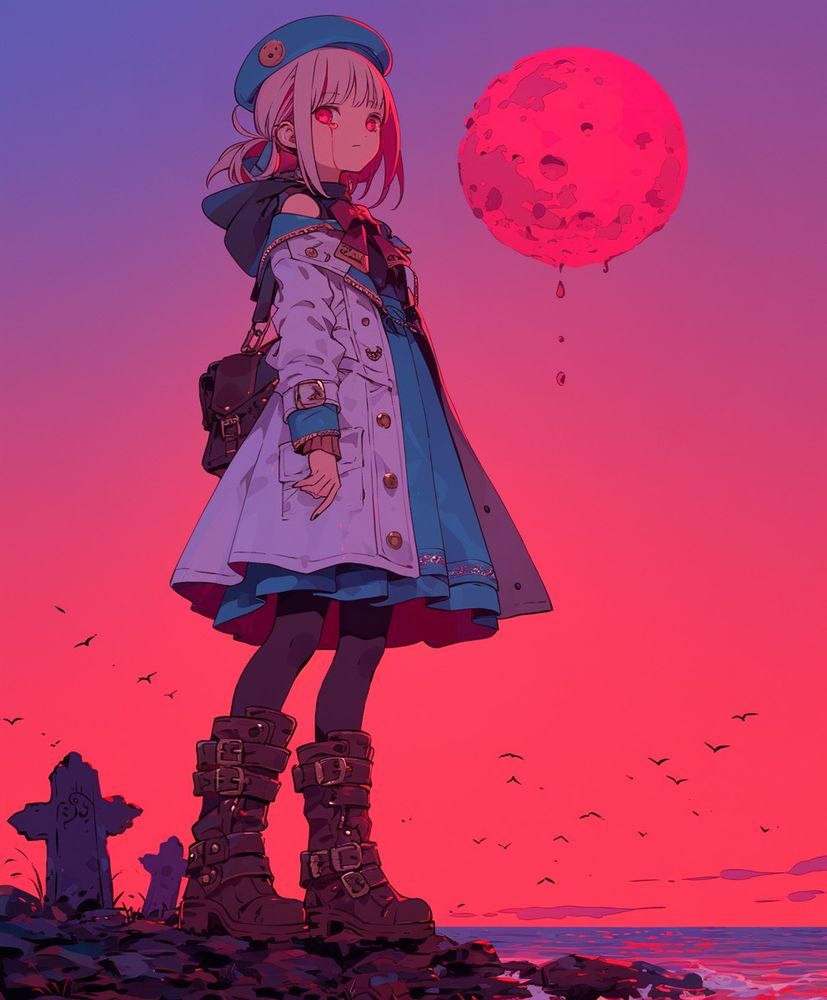 少女が岩場の岸辺に厳粛に立ち、真紅の夕闇のシュールな輝きに包まれています。空は深い紫と燃えるような赤のグラデーションがドラマチックに広がり、巨大な不気味な赤い月がそれを支配しています。月は溶けていくようで、その麓からは赤い雫が涙のようにゆっくりと流れ落ちています。

少女はスタイリッシュでどこか風変わりな装いをしています。柔らかな青いベレー帽には可愛らしいピンが飾られ、淡いブロンドの髪は短いツインポニーテールにまとめられています。彼女の瞳は忘れがたい赤に輝き、その強さは空の色と共鳴しています。彼女の表情は穏やかで、思慮深く、ほとんどメランコリックです。

金ボタンと黒いフードが付いた白いトレンチコートが肩にかけられ、裾が風に優しく揺れています。その下に、彼女は縁取りに刺繍模様が施された青いドレスを着ており、繊細で物語のような魅力を放っている。肩には小さな黒い鞄がしっかりと留められている。

脚には濃い色のタイツを履き、足元には真鍮のバックルがいくつもついた頑丈なロングブーツを履いている。実用的で頑丈なそのブーツは、上着の柔らかな雰囲気と対照的だ。

彼女を取り囲む風景は、不気味でありながら静謐でもある。近くには十字架型の墓石がそびえ立ち、忘れられた墓地を思わせる。血のように赤い地平線には、黒い鳥が散りばめられた模様を描いて飛び交う。海は空の不穏な色を映し出し、深紅​​の光に揺らめいている。少女は地平線をじっと見つめ、まるで彼女だけが理解できる何かを待っているかのように、静かに沈黙している。