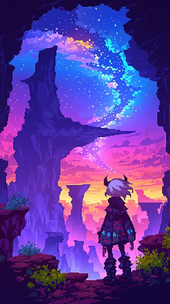 この画像は、幻想的な雰囲気が漂うピクセルアートで描かれています。

前景には、背中を向けた小さな人物が立っています。人物はフード付きのコートのような服を着ており、肩には角のような装飾があります。足元にはブーツを履き、全体的に冒険者のような雰囲気です。

彼が立っている場所は崖の端で、周囲には緑の植物が少し生えた岩場が広がっています。その先には、紫や青、ピンク、オレンジなどの鮮やかなグラデーションで染まった空が広がっています。空には無数の星が輝いており、天の川のように流れる光の帯も見えます。

遠くには、浮かんでいるかのような奇岩がいくつもそびえ立ち、不思議な地形を形成しています。幻想的な世界を前に、人物は静かにその光景を見つめているようです。

この作品全体からは、冒険の始まりや、未知の世界への憧れ、静けさと広がりを感じさせます。

