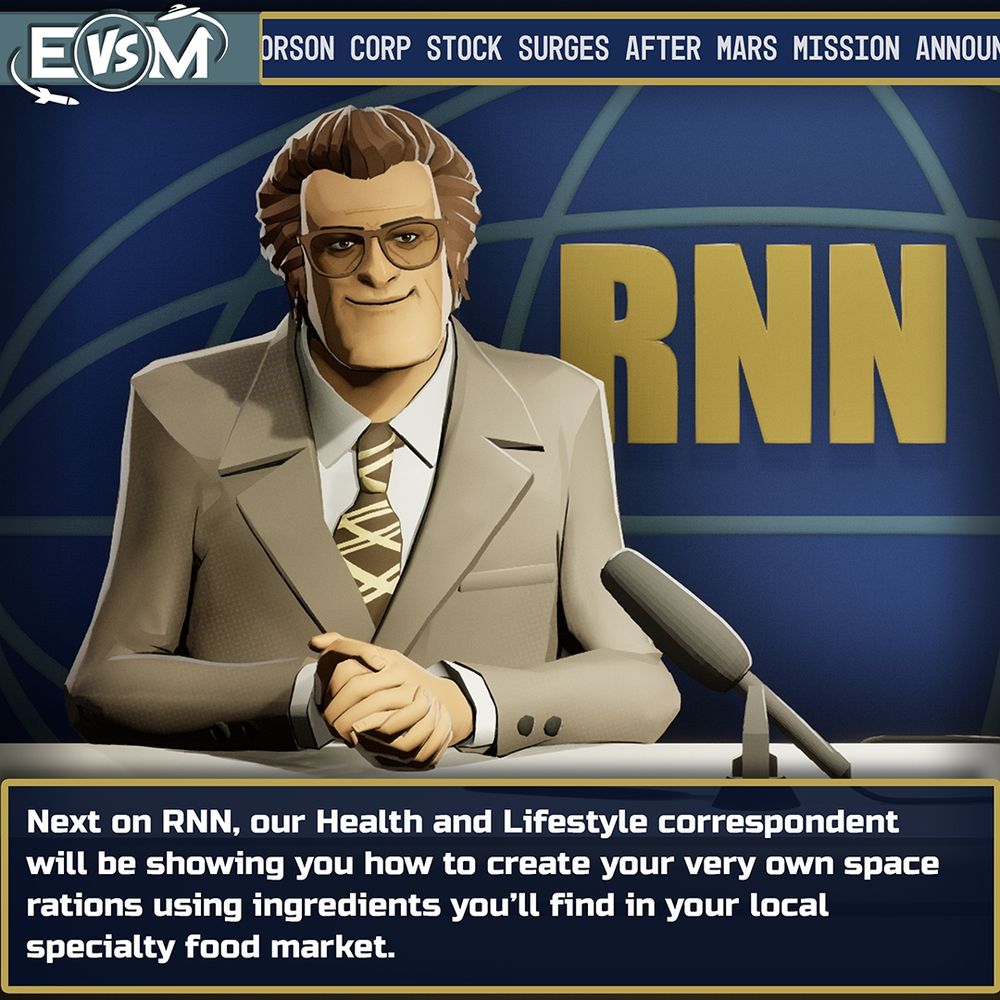 Image shows an RNN newscaster sitting at a news desk: Next of RNN, our Health and Lifestyle correspondent will be showing you how to create your very own space rations using ingredients you'll find in your local specialty food market.