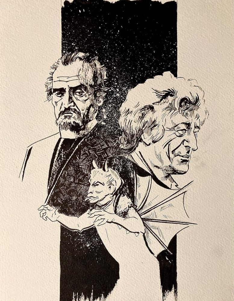 A black and white pen and ink drawing of Roger Delgado, Bok and Doctor Jon