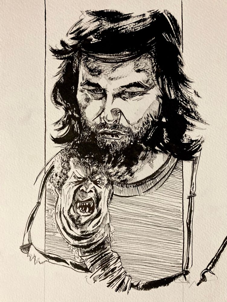 A black and white pen and ink drawing of Kurt Russell in The Thing