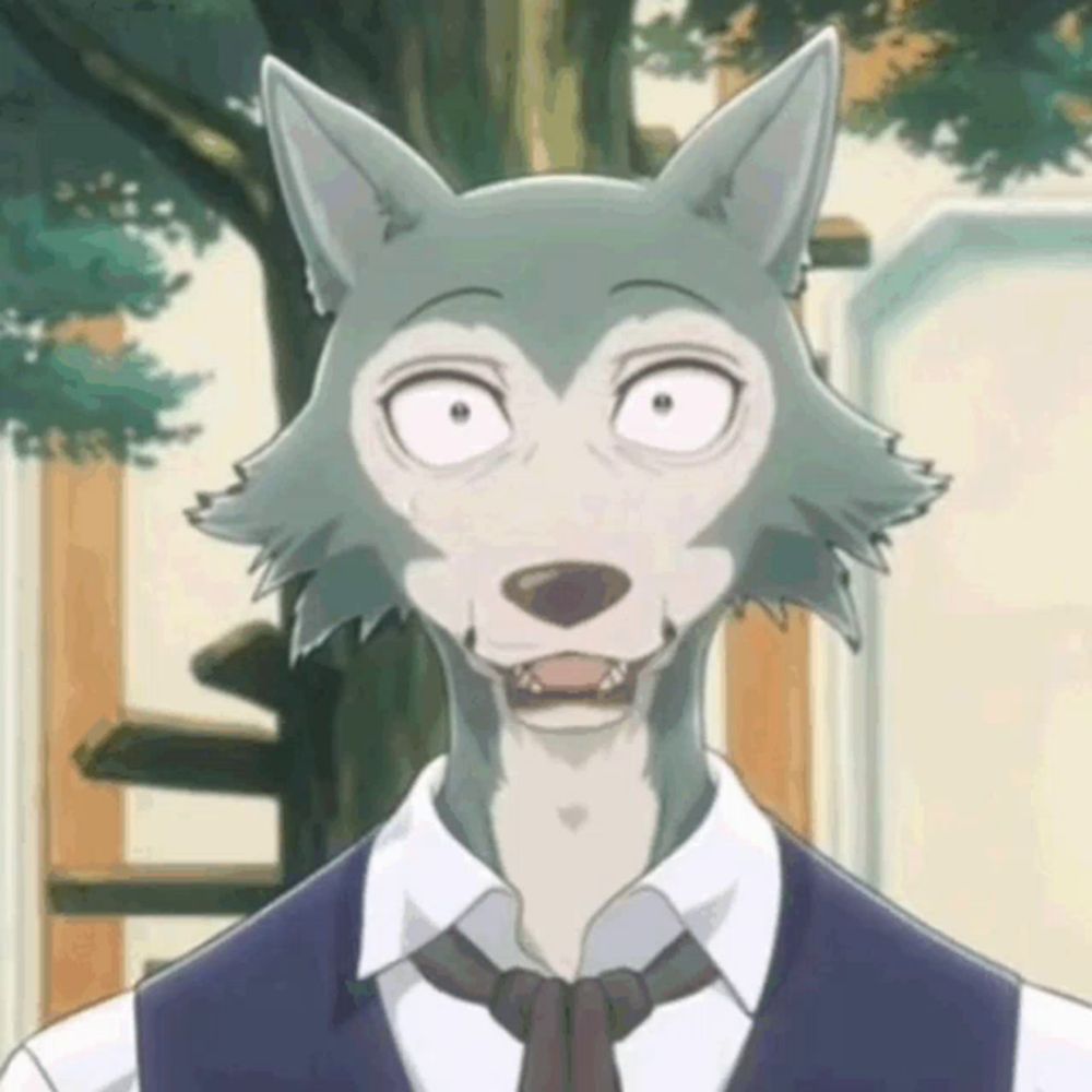 a cartoon wolf wearing a vest and tie making a funny face