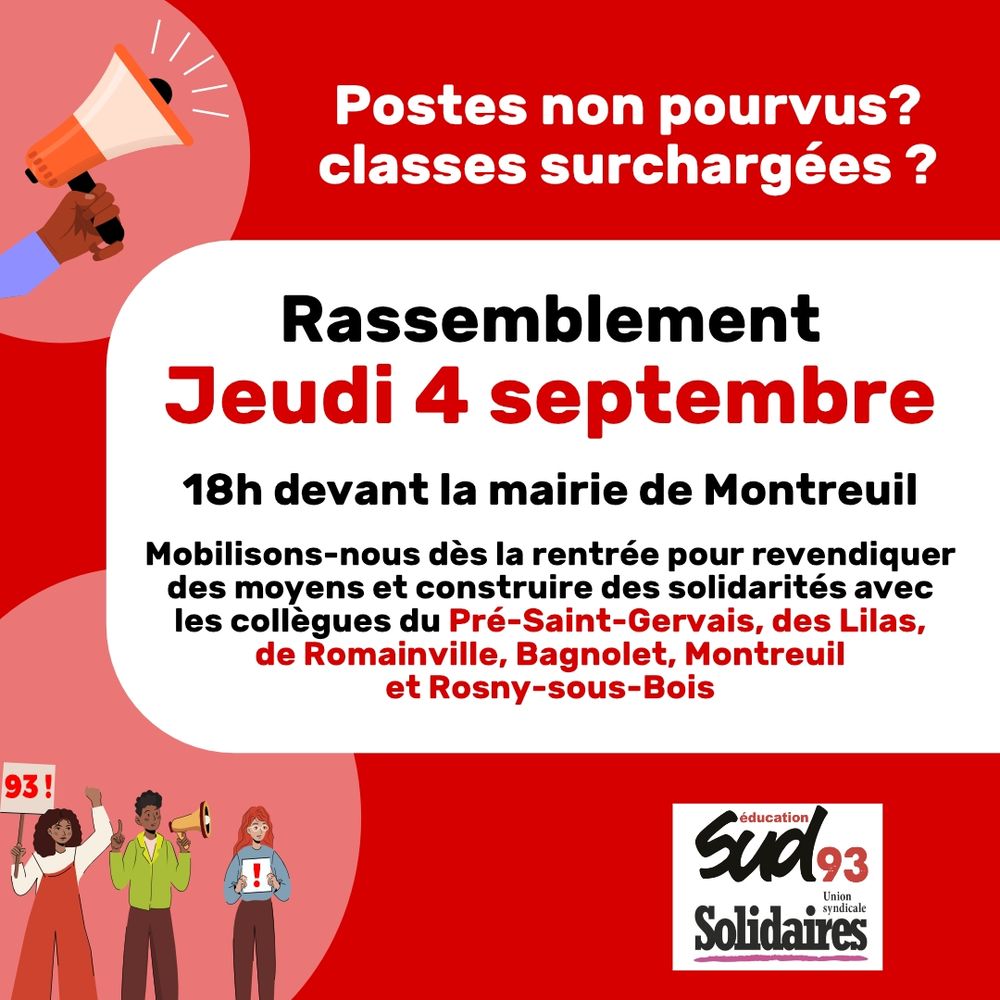 Visuel avec texte d'appel et dessins de manifestant-es avec un mégaphone et pancarte 93