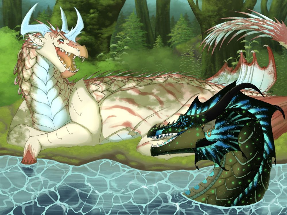 Two dragons who lived in the forest. Left one is a large pale icewing/hivewing with red stripes and hint of pale blue. It's Kiwae and he looks happy to see his partner in crime, Kyvor, from the right corner. Kyvor only had his dark green fin dragon head with glowing blues and green dots everywhere, pops up from the pond to see Kiwae. 