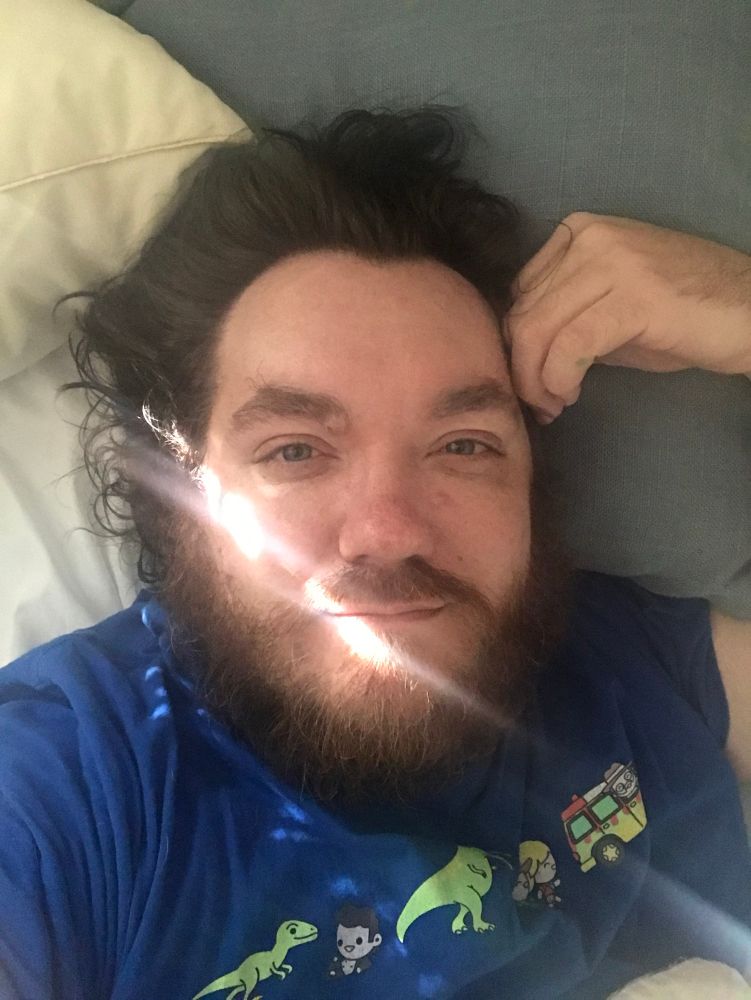 Heavily bearded me, years ago, with a super cute Jurassic Park tee shirt, and a streak of sunlight
