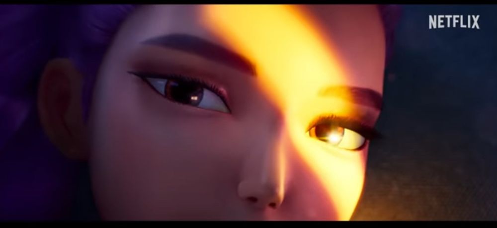 Rumi, from kpop demon hunters, with a slash of sunlight across her face