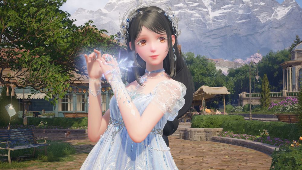 An anime woman with long black hair poses in an icy blue dress in a cozy town square.