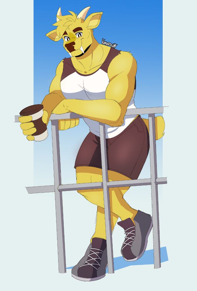 A muntjac with yellow fur, straight antlers and two prominent upper canine fangs is resting forward on a railing while holding a cup of coffee in his right hand. 

He is wearing a black and white sleeveless shirt, black shorts, and gray shoes. His right leg is crossed over his left and he's looking towards the viewer.