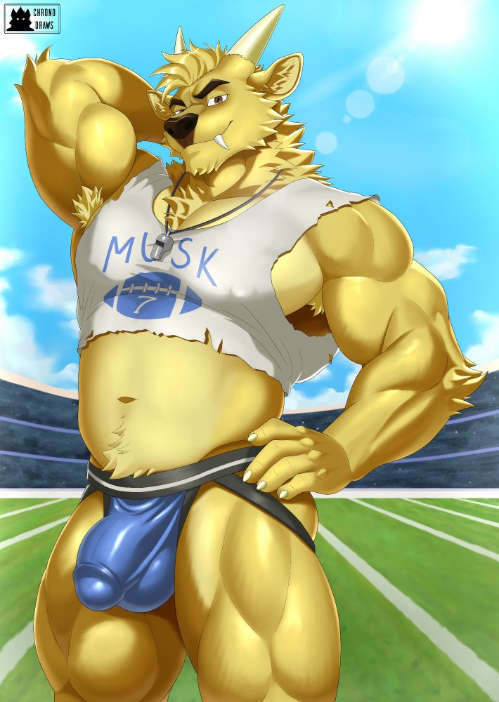 A muntjac with yellow fur, brown eyes, straight antlers and two prominent upper canine fangs. He is wearing a grey sleeveless crop top shirt with the bottom edge and arm holes having a rough edge. On the shirt is the word "MUSK" over an American football symbol with the number 7 in the middle. He is wearing a jockstrap with a blue pouch and black straps and waist and a whistle around his neck.

He is standing in the middle of a football arena field with his right arm raised, hand behind his neck, and his left arm bent at his side, hand at his hips. He is gazing down at the viewer with an inviting expression.