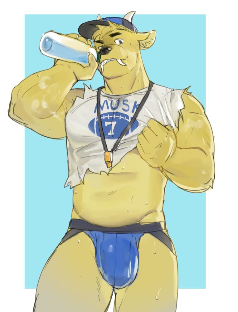 DJ, muntjac with yellow fur, straight antlers and prominent upper canine fangs. He is wearing a gray sleeveless crop top shirt with the bottom edge and arm holes having a rough edge. On the shirt is the word "MUSK" over an American football symbol with a number 7 in the middle. He is wearing a jockstrap with a blue pouch and blacks straps and waist. He is wearing a black and blue baseball cap and a whistle around his neck. He is sweaty and looming over the viewer while holding a water bottle in his right hand about to take a drink while his left hand is tugging slightly on the bottom of his crop top.