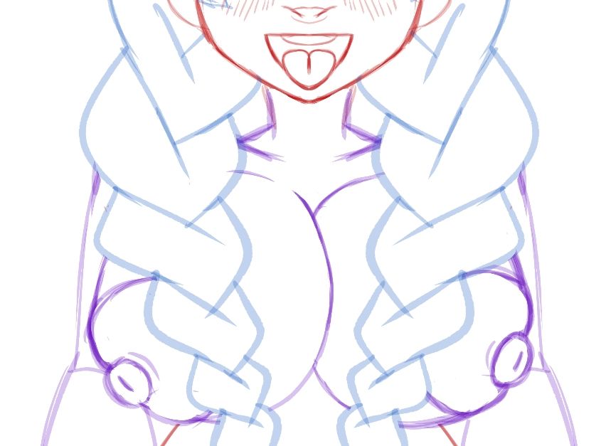cropped sketch of mitsuri. it shows her lower face, with her tongue sticking out and blush on her cheeks. it also shows her huge tits pressed together with her arms at her sides.