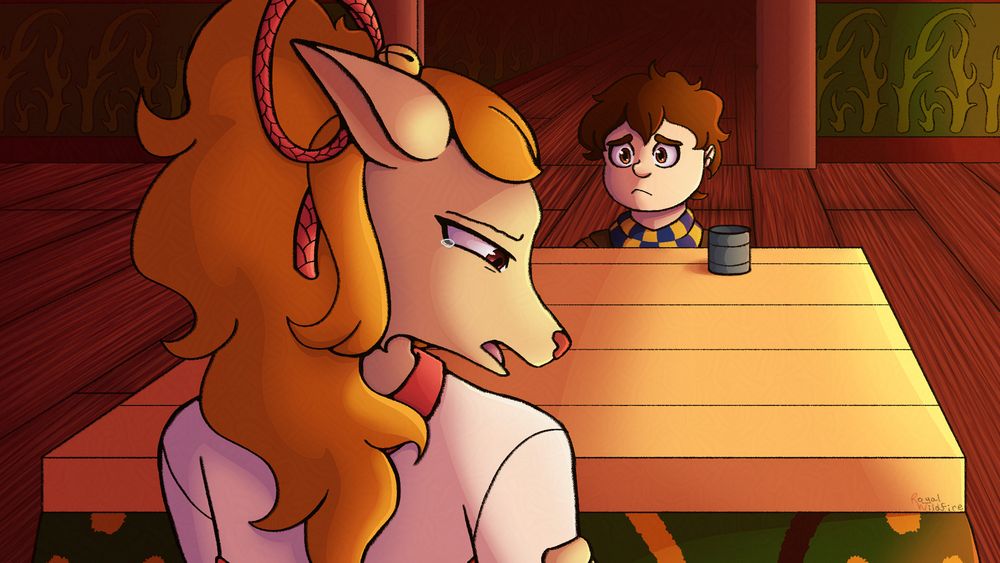 A warm toned image of Ceroba and Clover from the fangame Undertale Yellow. They are sitting across from each other at a kotatsu in the Ketsukane estate. The shot is over the shoulder of Ceroba, who is closer to the viewer. She has a grieving expression on her face with a single un-shed tear in her eye. Clover sits across from her, without their hat, with a concerned look on their face as a partially drunk cup of tea is sitting on the table in front of them.