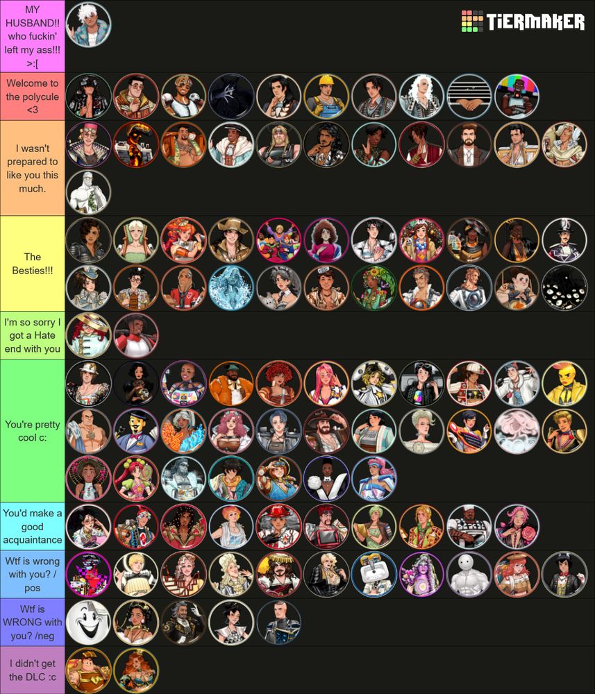 A tierlist from the site TierMaker featuring all 100 dateables from Date Everything. The top tier is magenta, titled "MY HUSBAND!! who fuckin' left my ass!!! >:[", and features Mateo Manta. The next tier down is red, titled "Welcome to the polycule <3", and features Bodhi, Chance, Dunk, Shadowlord, Daisuke, Tony, Eddie, Volt, Hector, and Telly. The next tier down is orange, titled "I wasn't prepared to like you this much.", and features Barry Styles, Dante, Koa, Tyrell, Kristof, Amir, Curt, Rod, Dorian, Cabbrizzio, Lyric, and Artt. The next tier down is yellow, titled "The Besties!!!", and features Bobby Pinn, Chairemi, Beverly, Beau, The Hanks, Zoey, Johnny Splash, Holly, Rainey, Keyes, I Ronaldini, Diana, Jerry, Farya, River, Dolly, Kopi, Prissy, Drysdale, Washford, Vaughn, and Nightmare. The next tier down is lime green, titled "I'm so sorry I got a Hate end with you." and features Maggie and Hoove. The next tier down is green, titled "You're pretty cool c:", and features Cam, Lady Memoria, Phoenicia, Teddy, Miranda, Skylar Specs, Connie Soul, Mac, Shelley, Jean-Loo Pissoir, Rebel, Wallace, The Sassy Chap, Winnifred, Betty, Dasha, Abel, Florence, Celia, Textbox-chan, Airyn, Stepford, Fantina, Hero-Hime, Freddy Yeti, Dirk, Gaia, Willi, and Tydus. The next tier down is cyan, titled "You'd make a good acquaintance" and features Penelope, Parker, Reggie, Wyndolyn, Arma, Luke Nukem, Monique, Mitchell Linn, Stefan, and Ben-Hwa. The next tier down is blue, titled "Wtf is wrong with you? /pos", and features Daemon, Lux, Stella, Scandalabra, Jacques Perriot, Sophia, Sinclaire, Rongomaiwhenua, Doug, Harper, and Timothy. The next tier down is indigo, titled "Wtf is WRONG with you? /neg" and features Dishy, Bathsheba, Keith, Tina, and Friar Error. The final tier is dusty purple, titled "I didn't get the DLC :c" and features Mikey Transaction and Lucinda Lavish.
