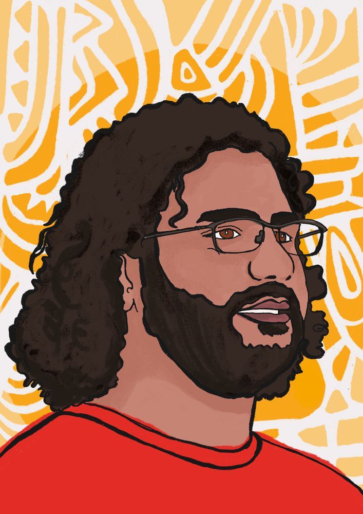 This is an illustration of Alaa Abd el-Fattah by Nzilani Simu. El-Fattah is wearing a red t-shirt against a backdrop of yellow and orange.