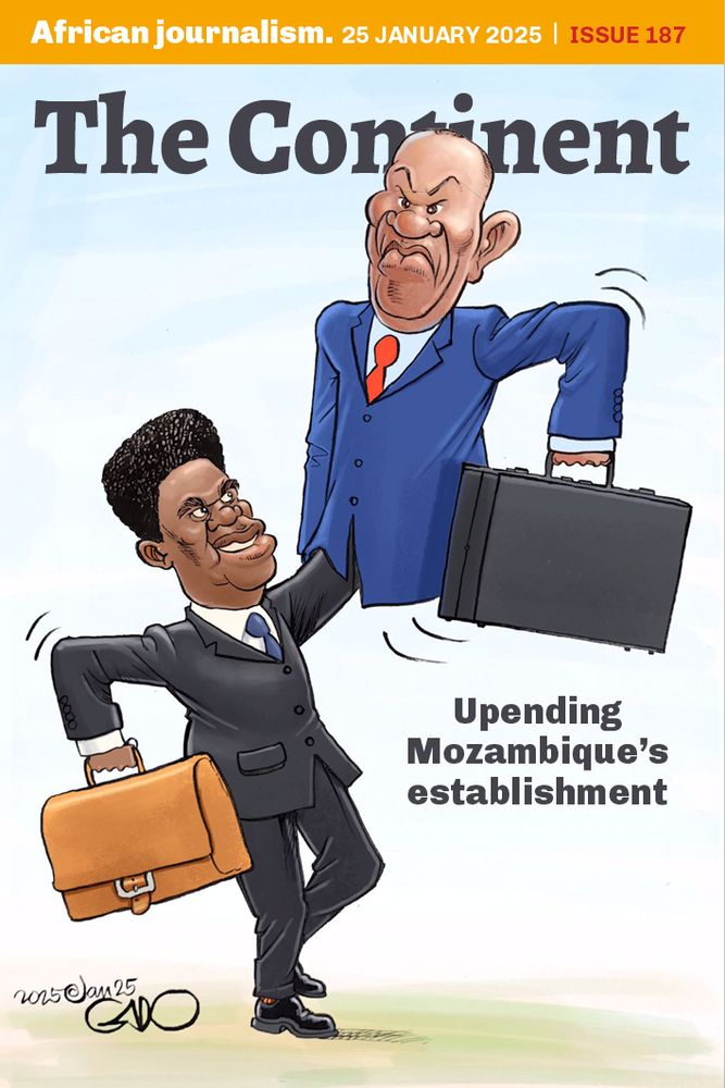 The cover of issue 187 of The Continent (25 January 2025) is an illustration by Tanzanian political cartoonist Gado. It depicts Mozambican politician Venâncio Mondlane (wearing a charcoal suit and blue tie and holding a light brown briefcase) as a ventriloquist. He has a neatly combed high top fade haircut and in his other hand he is holding a puppet. The puppet is the newly-elected Mozambican president Daniel Chapo (wearing a blue suit and red tie). Chapo is frowning and holding a black briefcase. In the foreground are the words: "Upending Mozambique's establishment" in charcoal font. 

