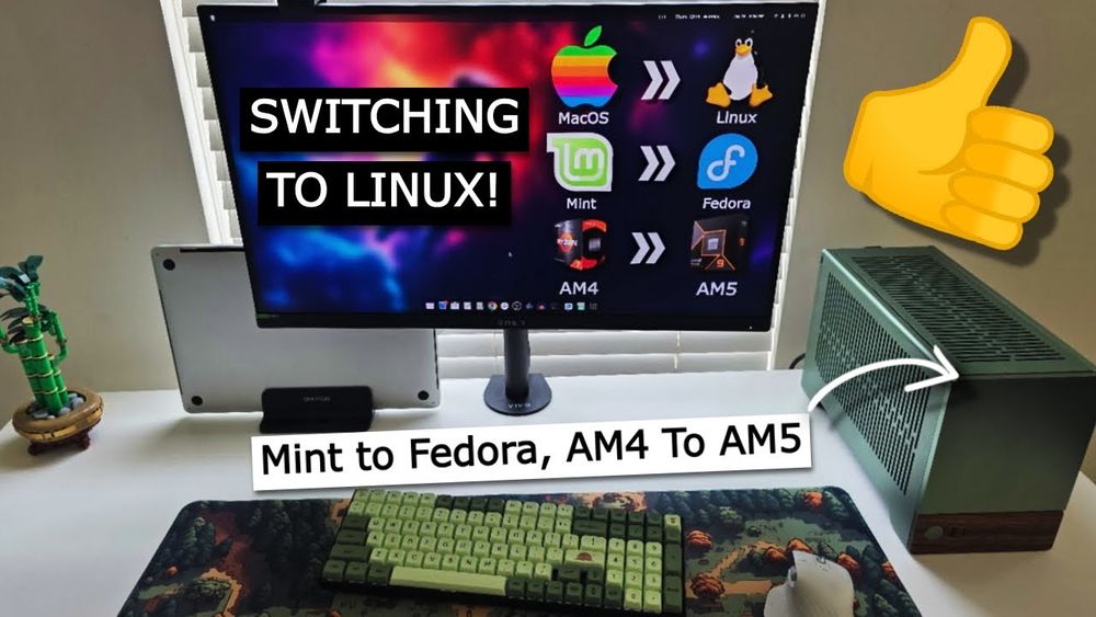 Linux Custom PC, Video Thumbnail illustrating switching from Mac - Linux, Mint - Fedora, AM4 - AM5
