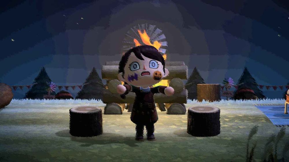 an animal crossing character in a zombie pose with a bat sticker and a pumpkin sticker on their face
