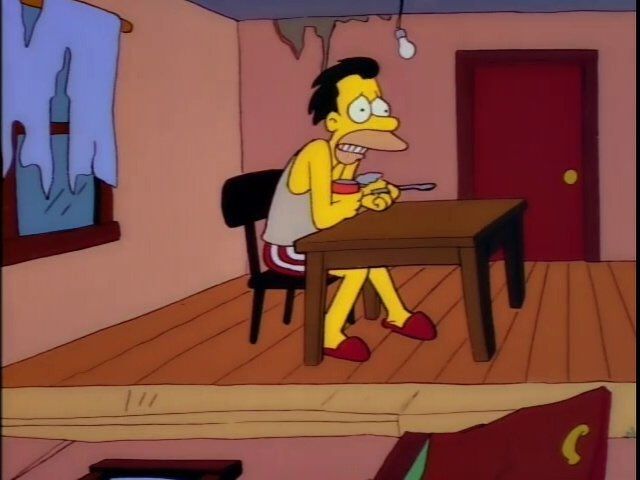 The character Lenny from the animated sitcom: The Simpsons in a grey tank top and boxer briefs eating a can of food in a round down studio apartment