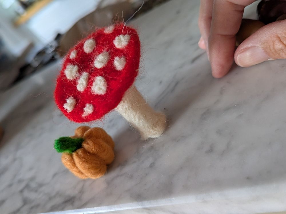 Paddenstoel rood met witte stippen en pompoentje (oranje met groene steel)
