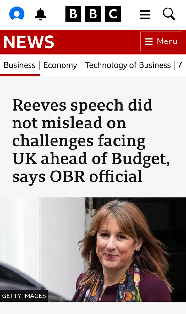 
BBC NEWS

Reeves speech did not mislead on challenges facing
UK ahead of Budget, says OBR official

Photo of Rachel Reeves 