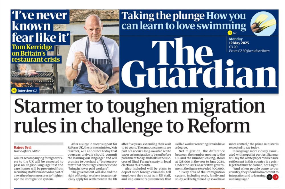 Screenshot of Guardian headline:

Starmer to toughen migration rules in challenge to Reform

(Please go to Guardian for the story) 