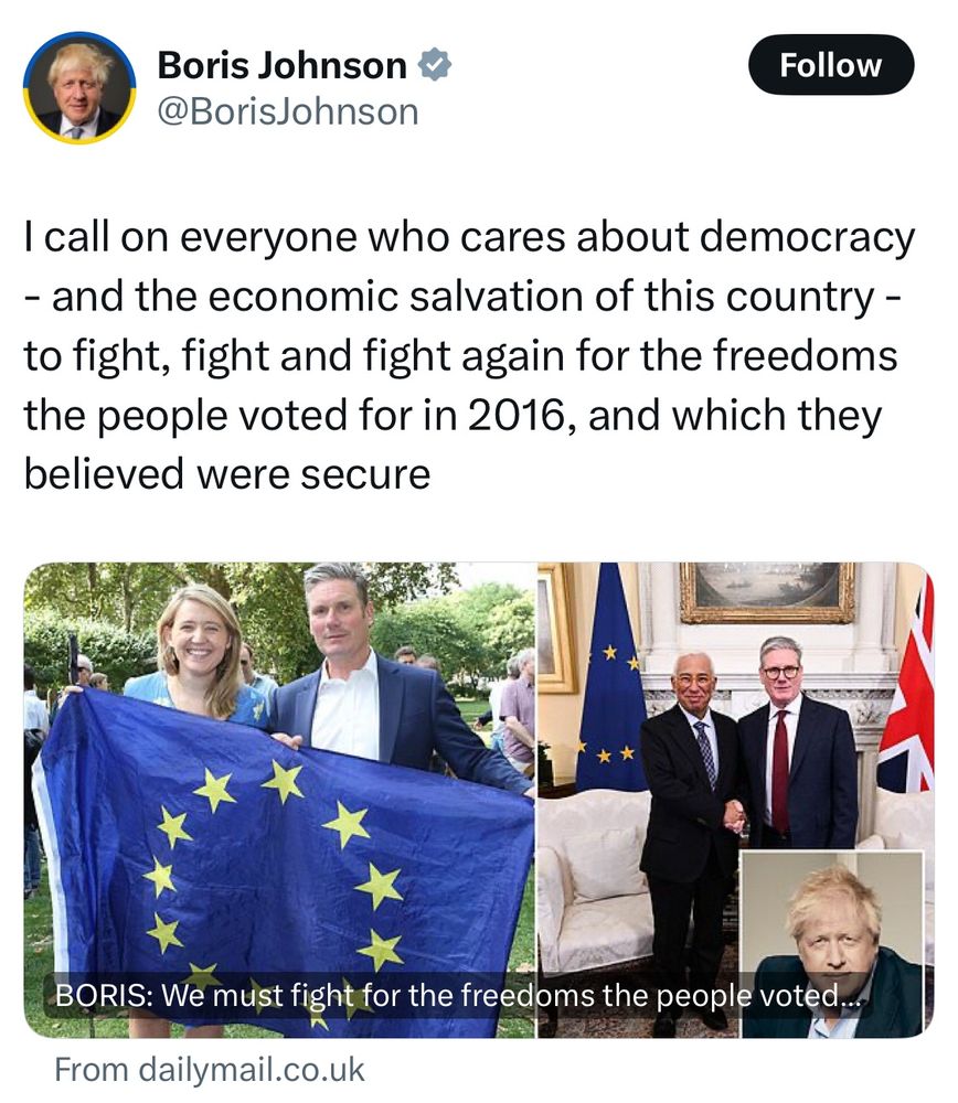 Johnson posts: 

I call on everyone who cares about democracy
- and the economic salvation of this country - to fight, fight and fight again for the freedoms the people voted for in 2016, and which they believed were secure

(Picture of Starmer in earlier data holding up an EU flag) 