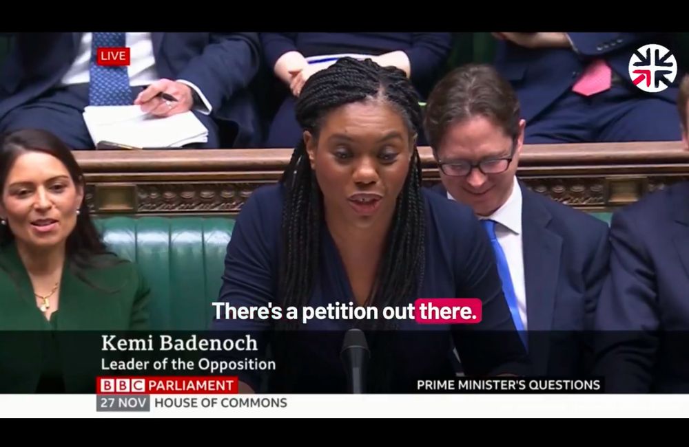 Picture of Badenoch in PMQs with part of her quote “There’s a petition out there”