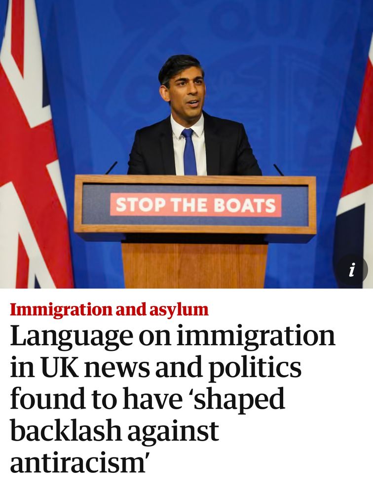 Photo of Sunak in front of his ‘STOP THE BOATS’ lectern

Immigration and asylum
Language on immigration in UK news and politics found to have 'shaped backlash against antiracism'