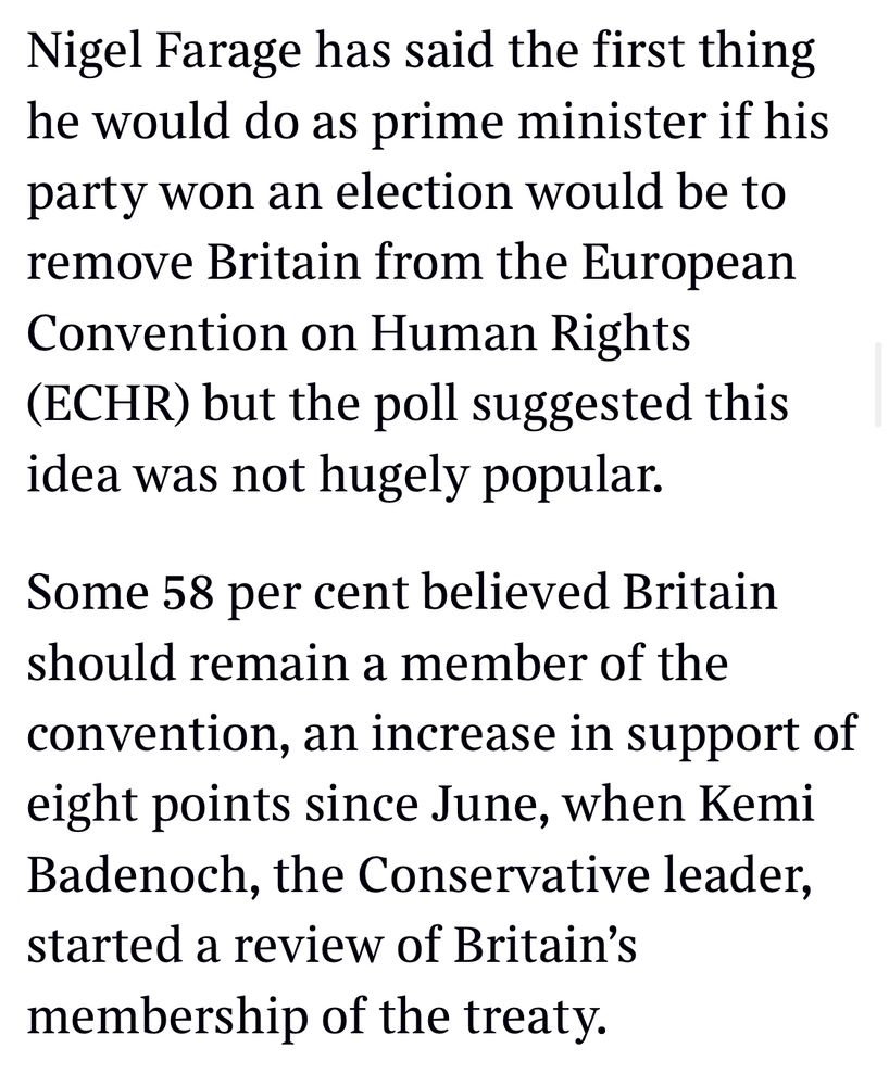 Nigel Farage has said the first thing he would do as prime minister if his party won an election would be to remove Britain from the European Convention on Human Rights
(ECHR) but the poll suggested this idea was not hugely popular.

Some 58 per cent believed Britain should remain a member of the convention, an increase in support of eight points since June, when Kemi Badenoch, the Conservative leader, started a review of Britain's membership of the treaty.